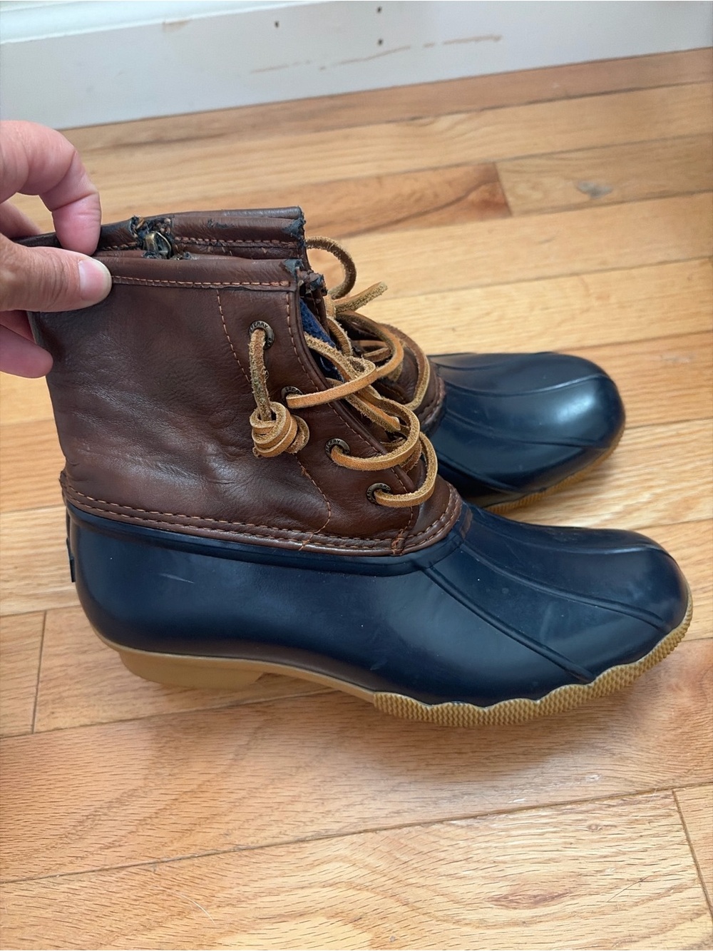 Sperry Brown Leather and Navy Rubber Kids Duck Boots